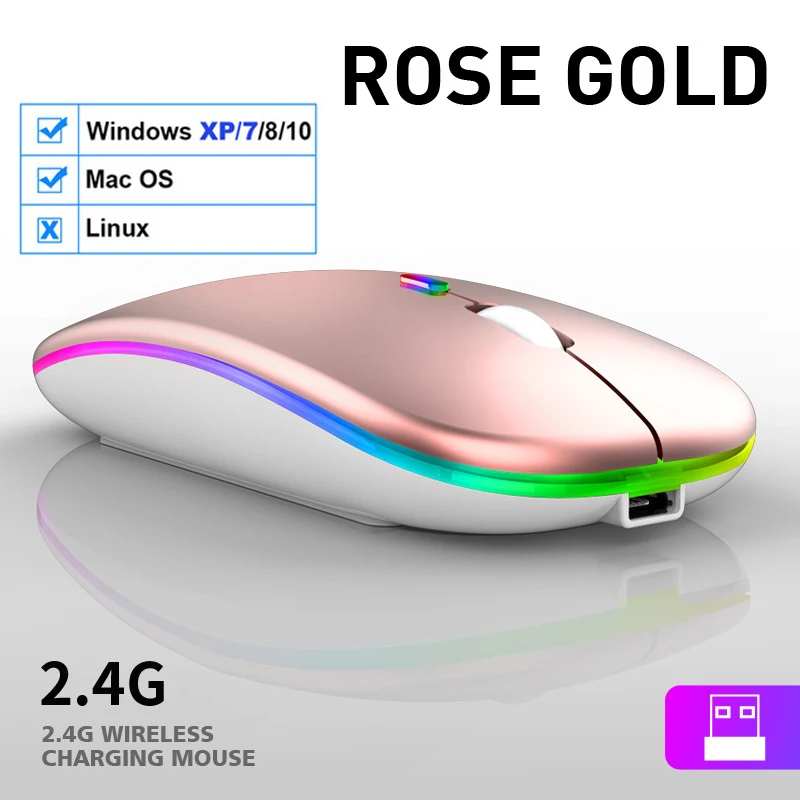 LED 무선 마우스 호환 슬림 충전식 무소음 마우스, 컴퓨터 노트북 PC용 RGB 인체 공학적 게이밍 마우스, 2.4GHz