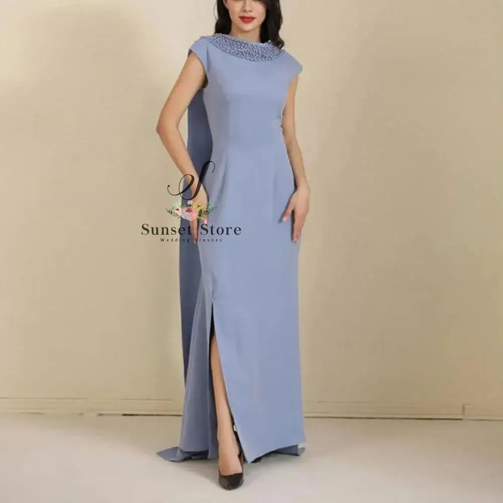 

Вечерние платья по индивидуальному заказу с рукавами-накидкой и вырезом из бисера, свадебное платье для гостей с разрезом по бокам, пыльно-синее атласное платье, платья de novia