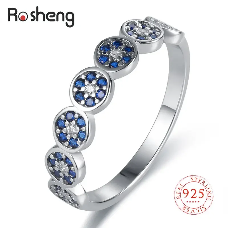 Rosheng Eyelet 925 Sterling Silver Blue Stones CZ Rings for Women Lucky Evil Eye Design Crystals Wedding Birthday Fine Jewelry