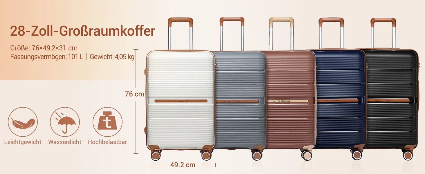 (56/66/76 cm) | British Traveller Hartschalen-Koffer mit 8 Spinnerrädern & TSA-Schloss | 100% PP | Handgepäcktauglich – Detail 9