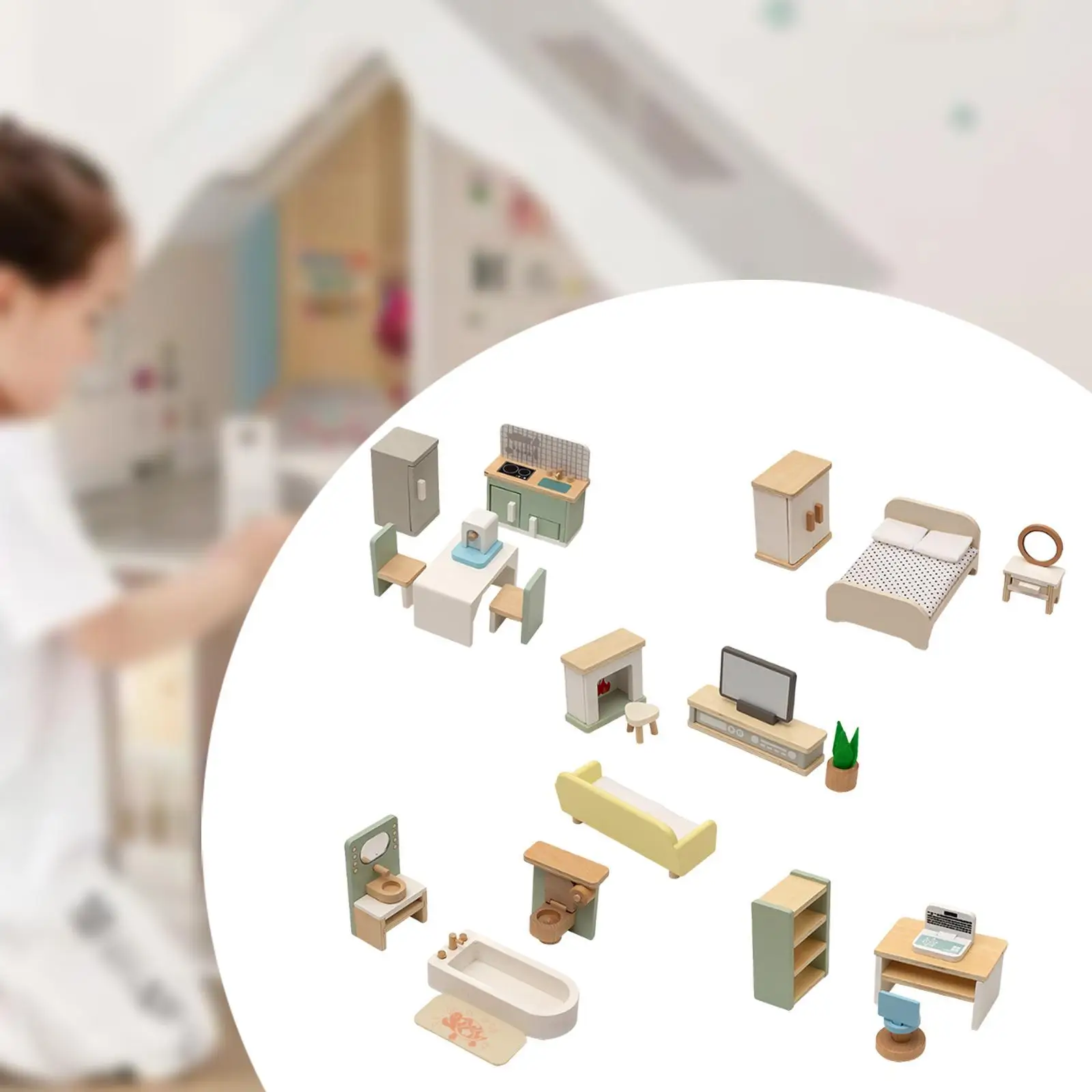 

Wooden Dollhouse Furniture Set Children Pretend Play Doll House Furniture Toys Simulation Furniture for Children Toddlers