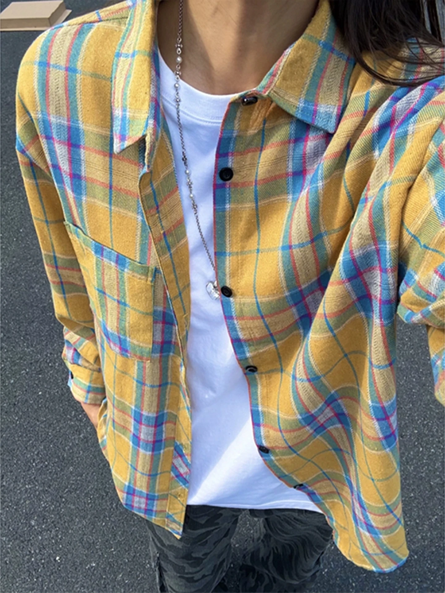 

Мужская винтажная куртка в клетку, желтая, удлиненная, свободного кроя, для пар, осенняя, солнцезащитная, уличная одежда