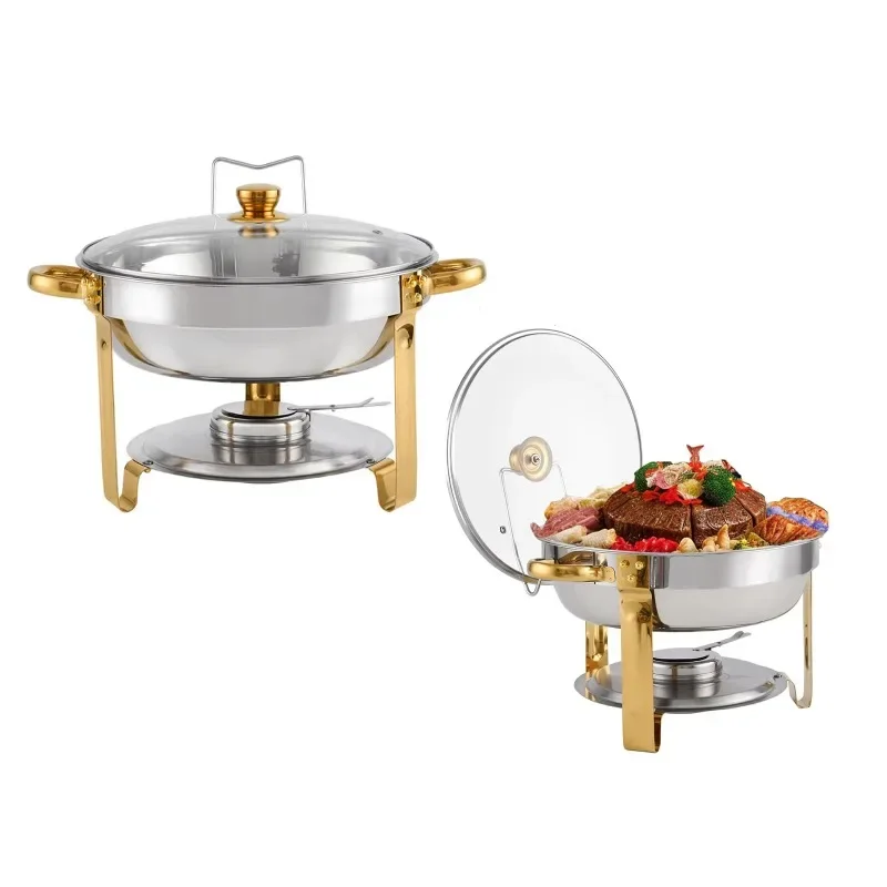 Gold Chafing Dish Buffet Set Stainless Steel Round Chafers with Glass Viewing Lid & Lid Holder, Buffet Servers and Warmers Set