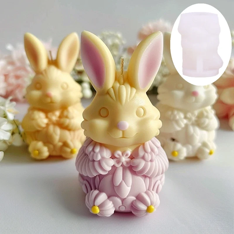 Moule 3D en Silicone pour Bougie de Lapin Mignon, Oreilles Verticales, Fleur, Lapins, Résine, Rayé, Lapin de Pâques, Béton, Plâtre