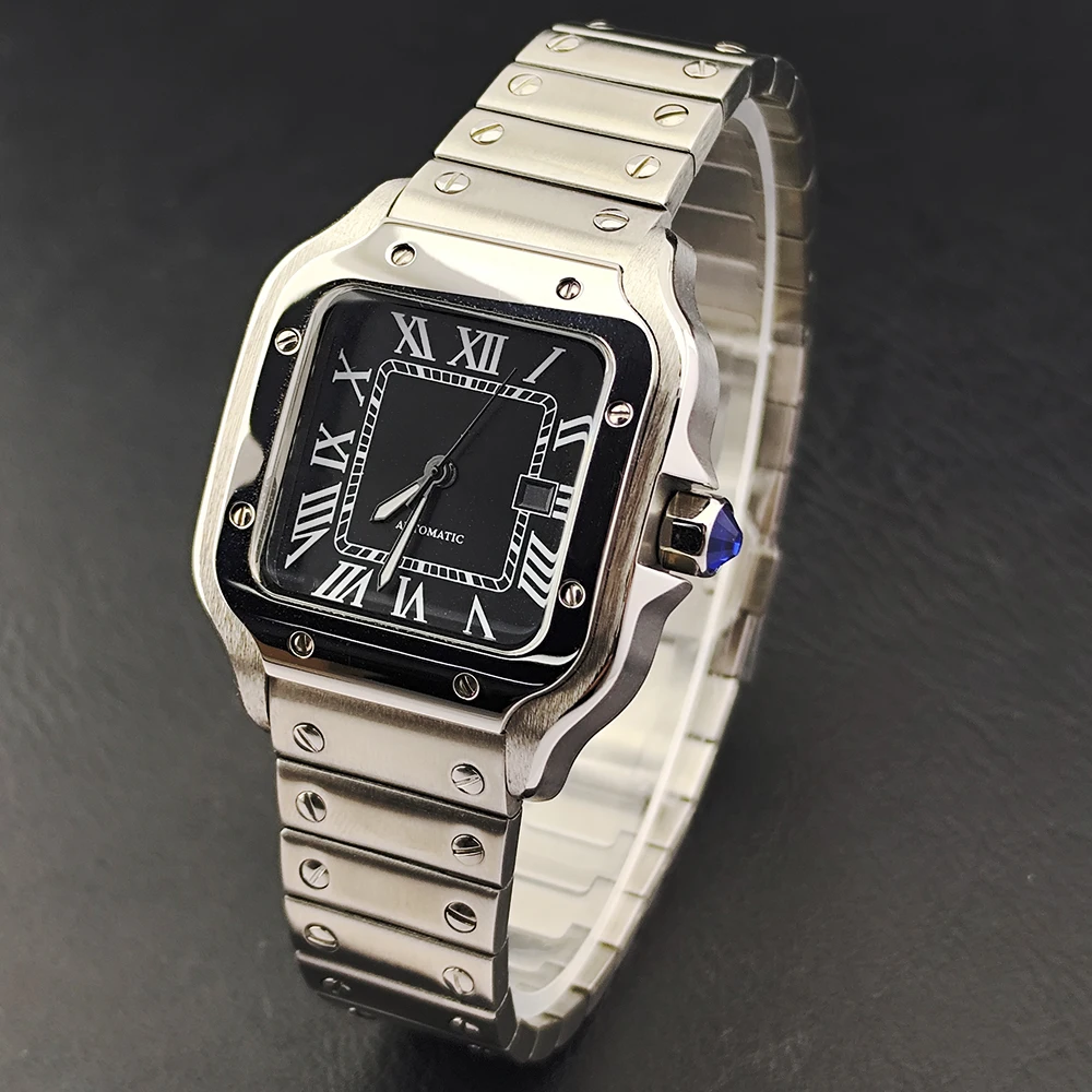 33mm Square Watch Case With Strap 23.5mm Dial Hands Kit Stainless Steel Watch Housing Fit NH05 Mechanical Movement DIY Watch Mod