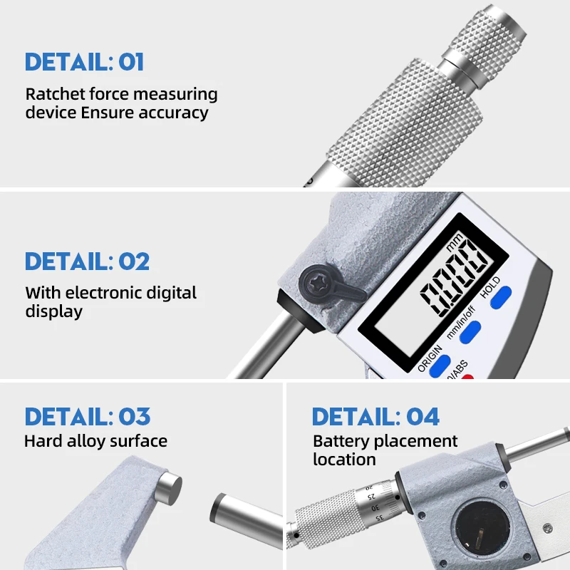 Micrômetro digital de aço inoxidável de alta precisão 0-25mm IP65 Micrômetro de instrumento espiral protetor