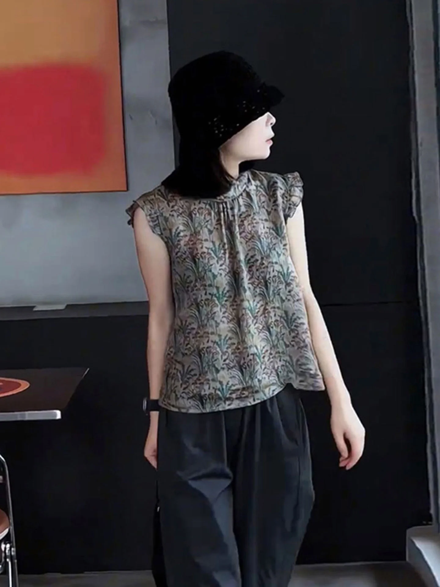 

Ele Retro Floral Print Chiffon Top with Lace Splicing And Fly Sve for Summer Commute Korean Sle Women's Silk irt