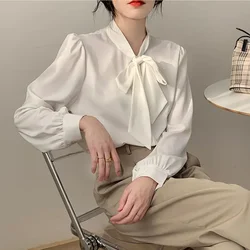 Spring New Temperament White Chiffon Blouse Long Sleeve Bow Patchwork Solid Color Loose Shirt Tops Elegant Fashion Women Clothes