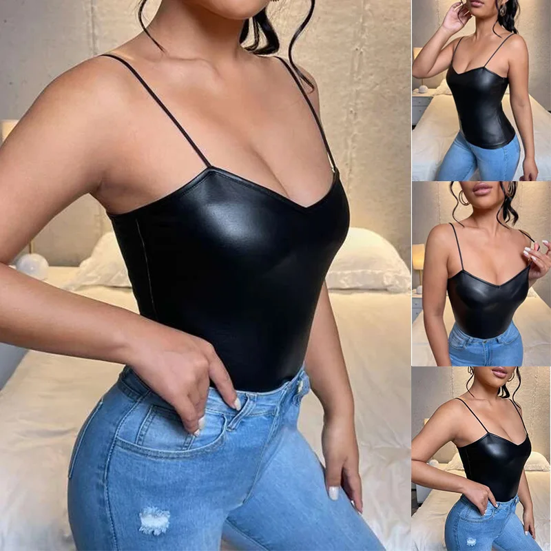 

Sexy Wrap Deep V Neck PU Patent Leather Halter Crop Tops Women Tank Top Camisole Female Sleeveless Cropped Vest