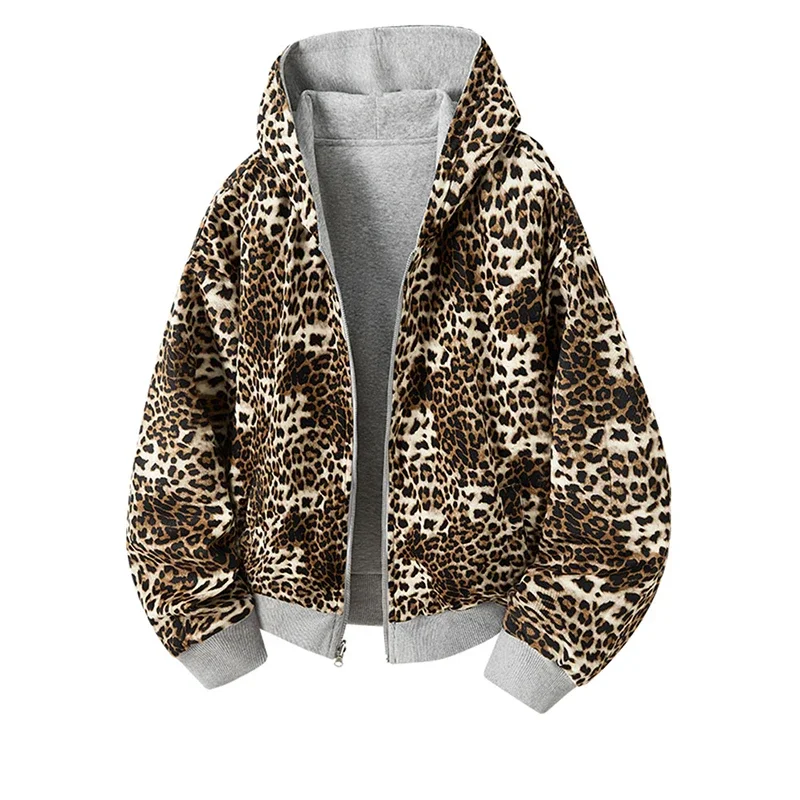 Casumanl 2025 outono reversível leopardo impressão cardigan com capuz unisex oversized high street cor bloco moletom jaqueta homem