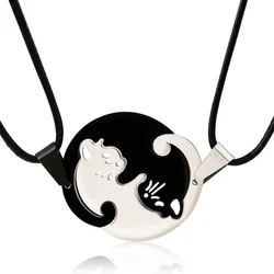 Matching Cat Yin Yang Necklace for Couples Women Men Girls, Stainless Steel Puzzle Pet Cats Lovers BFF Pendant Necklaces Gifts