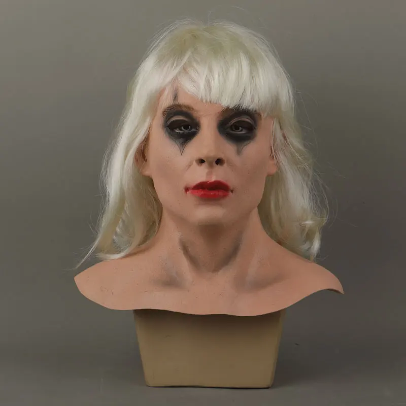Maschera Joker raccapricciante per donna Casco da clown in lattice con parrucca Puntelli per costumi da festa spaventosi Maschera di carnevale di Halloween in maschera cosplay