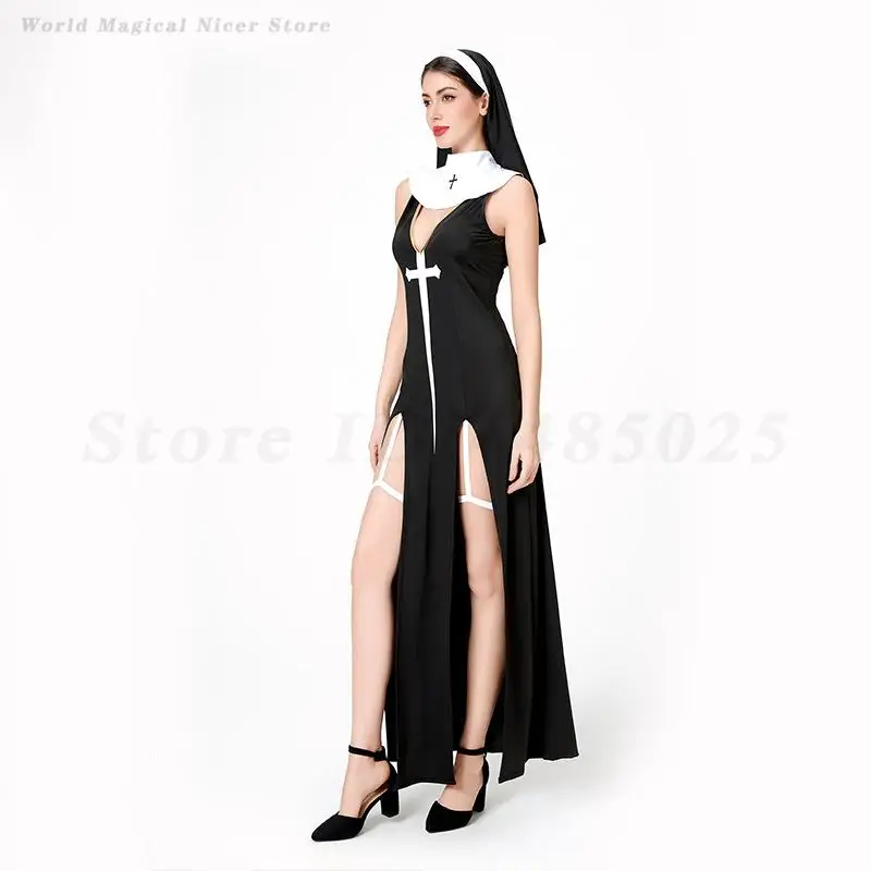 Women's Sexy Nun Cosplay Costume Halloween Fancy Dress Black Maid Role Playing Clothing Carnival Festival Adult Nun Dress Up view 5