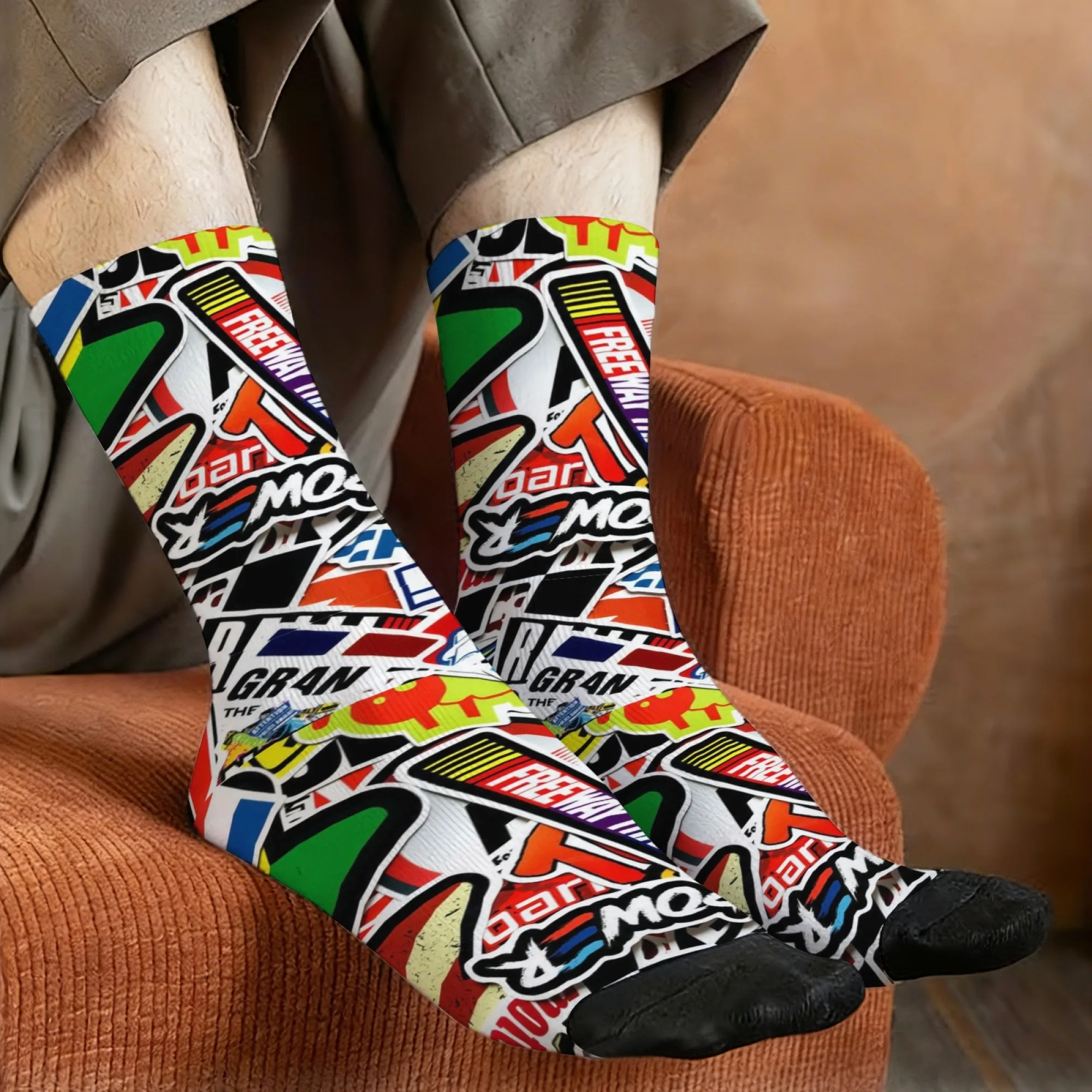 Trendy and Cool Pop Art Style Racing Sticker Print Men's Mid-calf Socks White Car Culture Style Street Racing Driver Socks