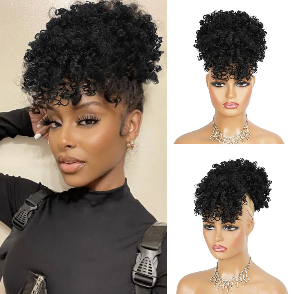 Drawstring Ponytail for Black Women, Afro Puff Kinky Curly Hair Ponytail Extension with Bangs Synthetic Updo Hair Ponytail