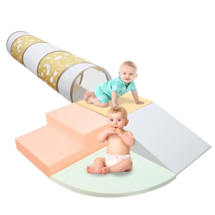 

Indoor toddler climbing toys: soft foam blocks crawl-through tunnel set in blue and green safe non-slip surface for climbing cr