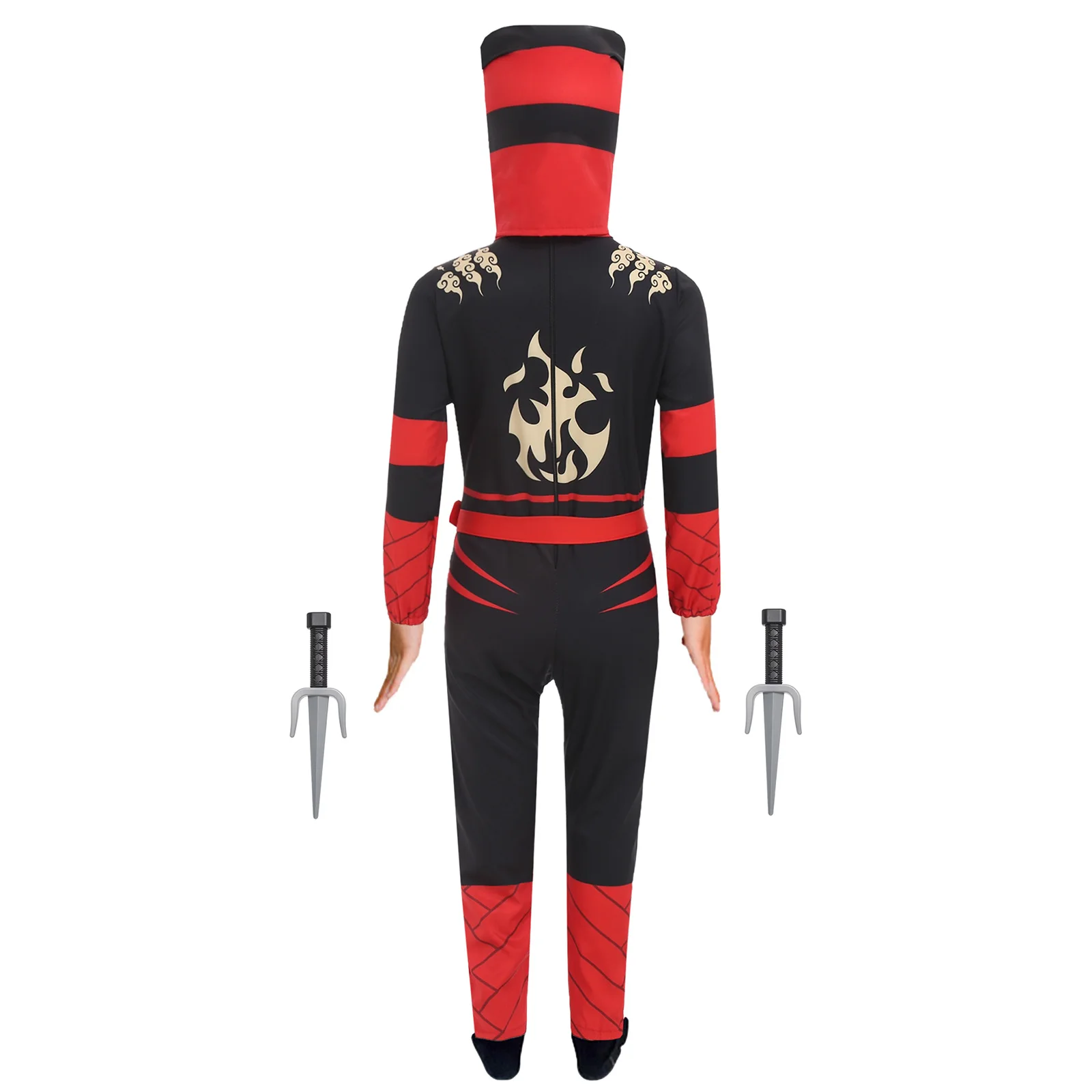 소년 소녀 닌자 인쇄 코스프레 의상 일치하는 머리 장식 허리 벨트와 닌자 칼 장난감이있는 보이지 않는 지퍼 점프 슈트