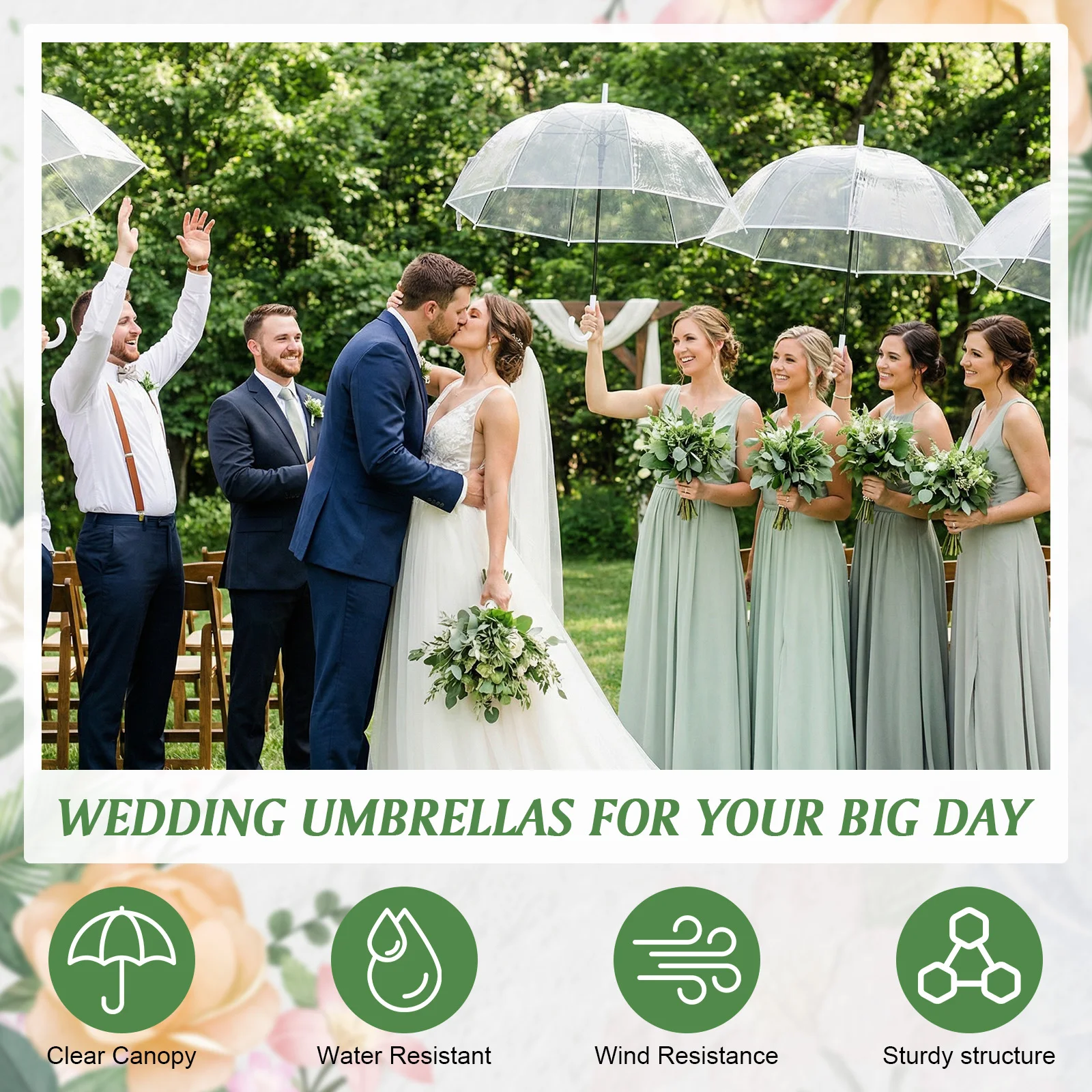 

52 Inch Large Dome Rain Windproof Stick Umbrellas with Thank You Tags and Rope Guest Souvenirs for Wedding Party Bridal Favors