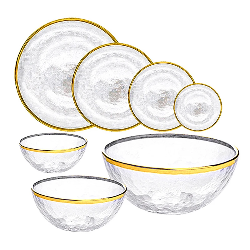 Handcrafted Phnom Penh Glass Tableware Transparent Leather Bowl Household Bowl Plate Plate Crystal Hammer Mesh Plate