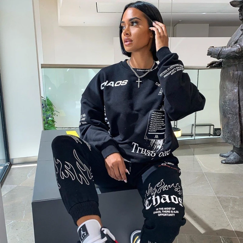 

Streetwear Letter Graffiti Print Sweatshirt Womens Two Piece Sets Tracksuit Sweatshirt +Joggers Pants ensemble Femme 2 Pièces