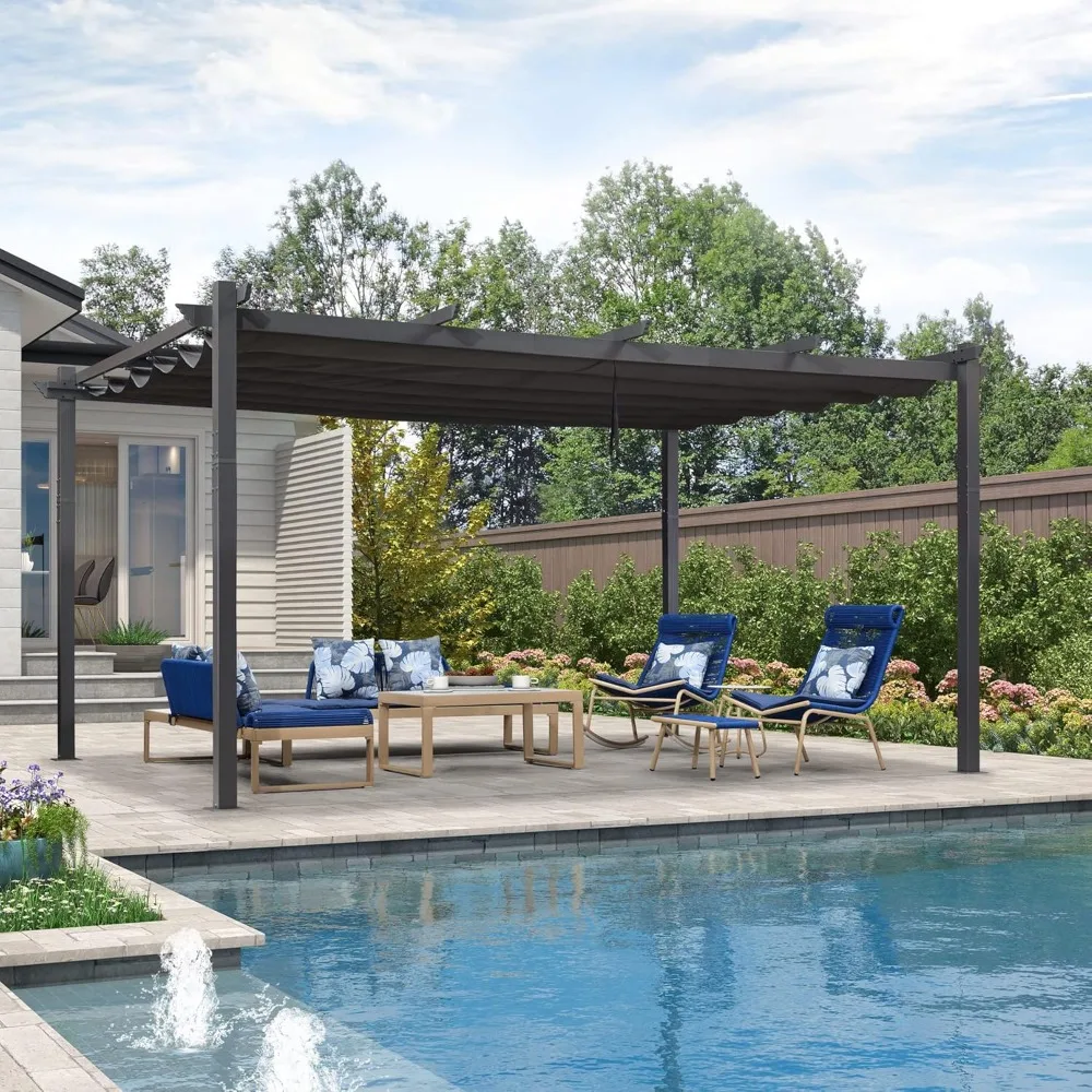 

12' X 16' Outdoor Pergola with Retractable Canopy Aluminum Shelter Grill Gazebo, Modern Backyard Deck Metal Patio Pergola Gray