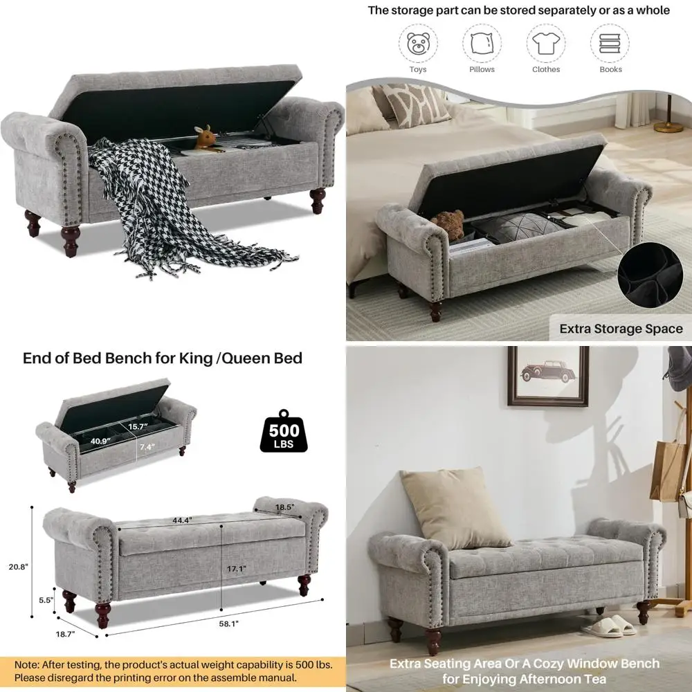 

Большой пуфик для хранения вещей с обивкой из синели с тафтинговой обивкой, торцевой скамейкой для спальни, конструкцией с подвижным кронштейном, достаточным пространством для хранения вещей