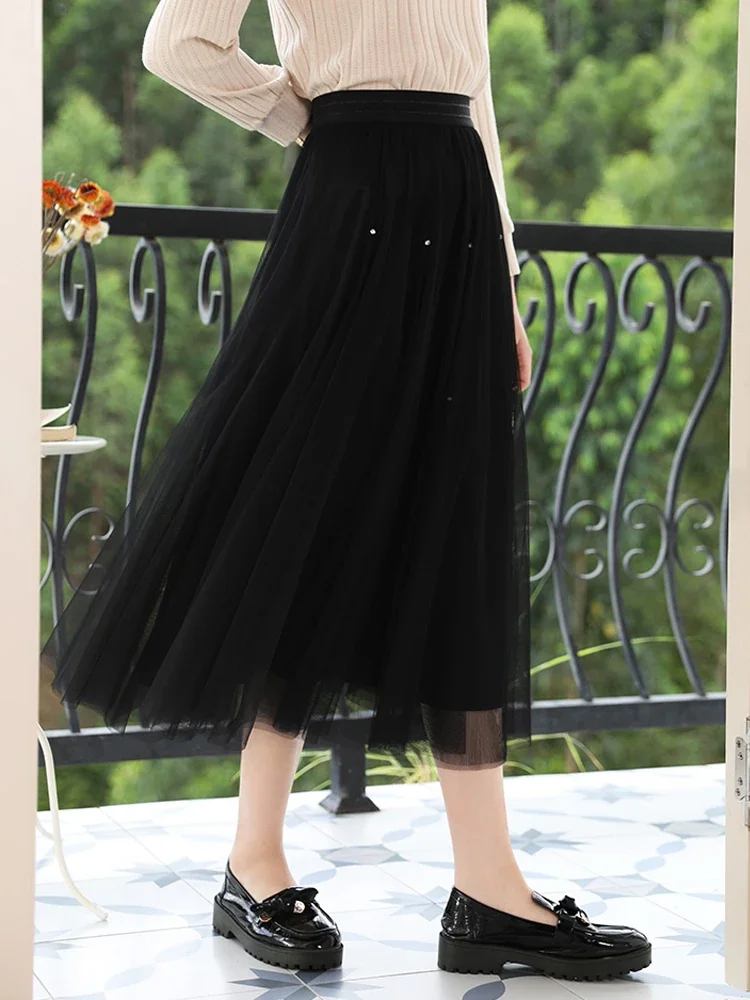 I BELIEVE YOU Mesh Skirts For Women 2024 Elastic High-waist A-line Beaded Autumn New Elegant Office Lady Cake Skirt 2243025791