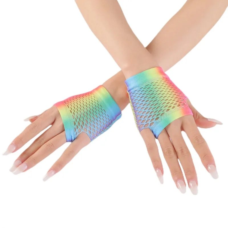 Women Summer New Fishing Net Colorful Hollow Gloves Night Club Party Dance Half Finger Sun Protection Breathable Soft Elastic