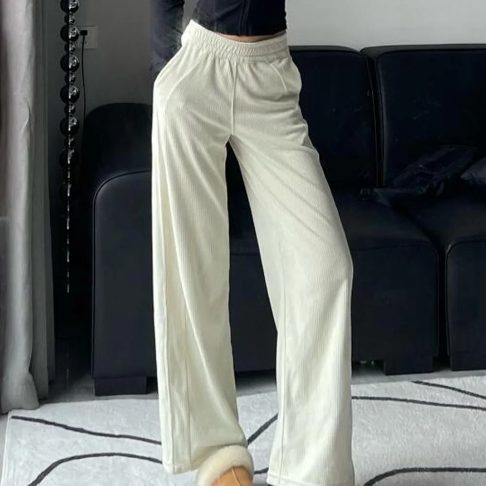 

New Women Fashion High Waist Elastic Waist Pockets Long Pant Corduroy stripes Full Pants