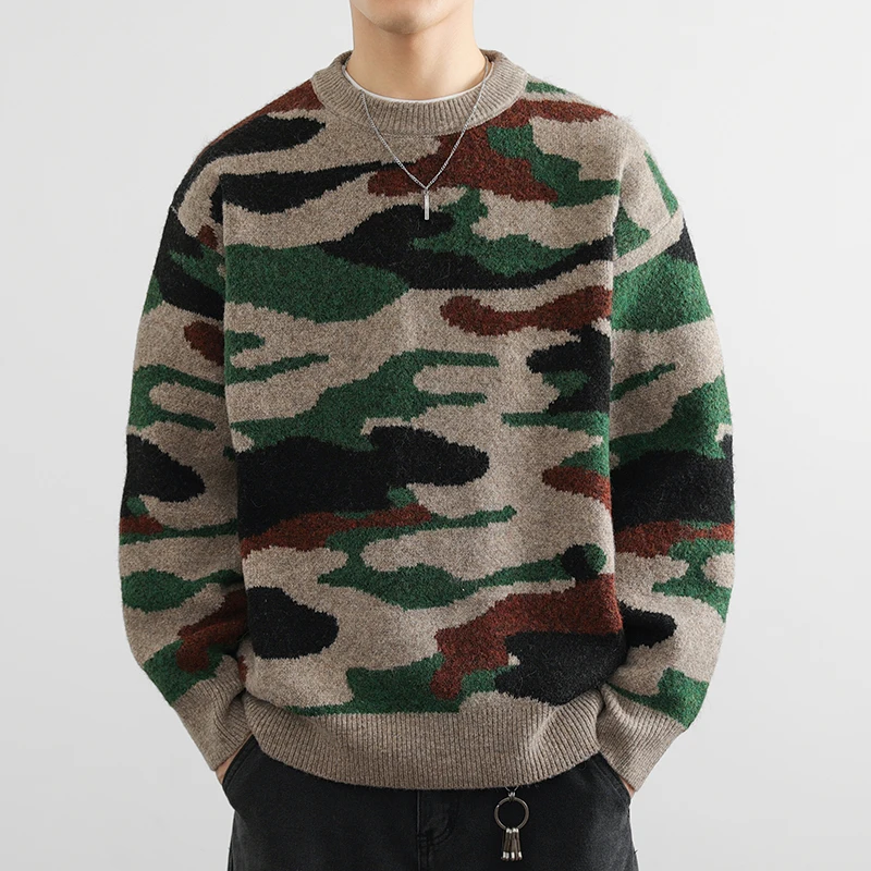 Moda camisola para homens o-pescoço fino ajuste pullovers camuflagem impressão malhas grosso quente inverno casual roupas masculinas jumper