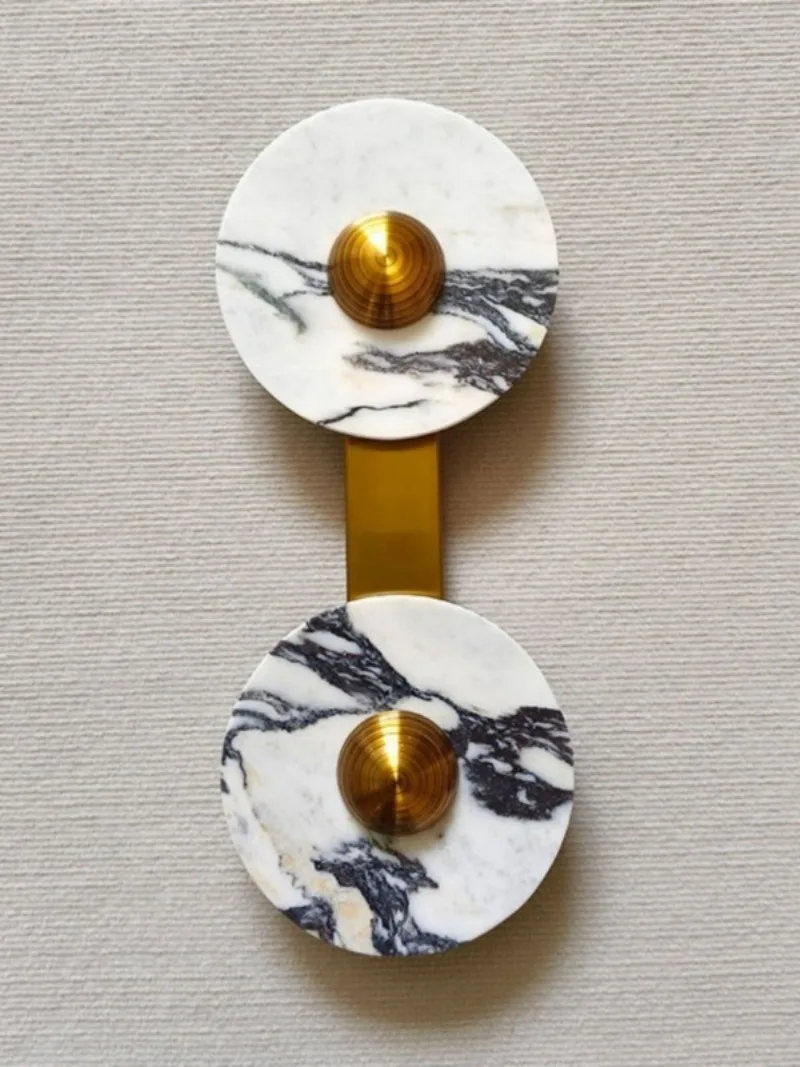 

Modern Marble Wall Sconce Double Disc LED Wall Lamp Gold Metal Base with Sphere for Bedroom Living Room Hallway Decor