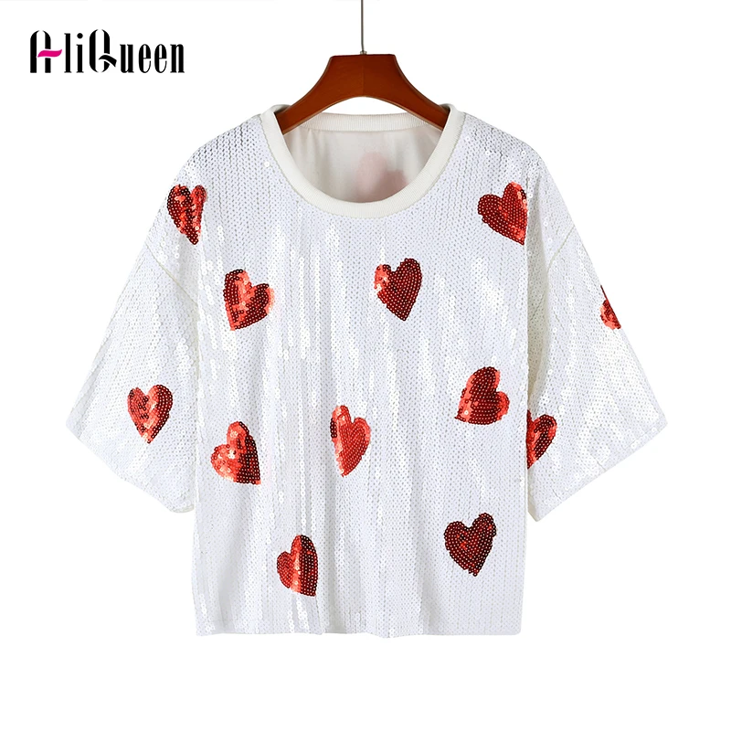 

Runway Summer Women's Hearts Print Sequined Tshirts Short Sleeve Round Neck Loose Hip Hop Fashion Streetwear Short T-shirt Tops