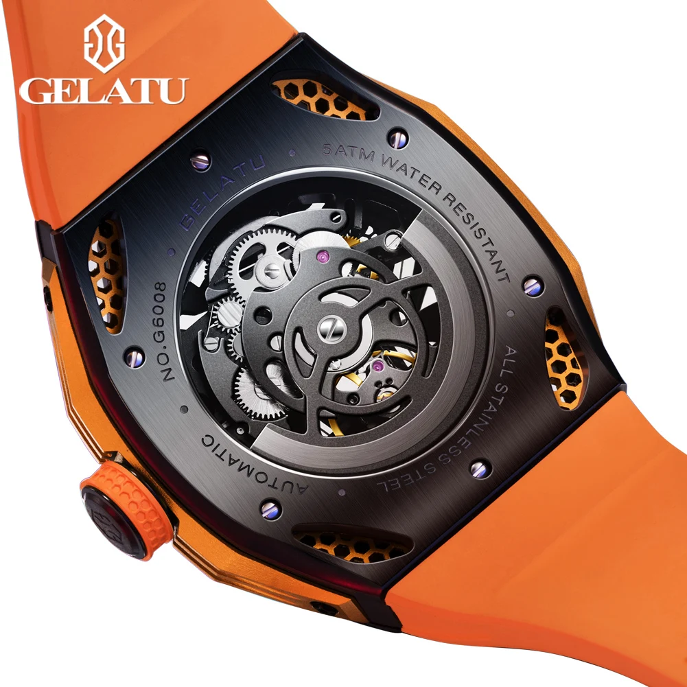 GELATU 6008 الهيكل العظمي التلقائي ساعة ميكانيكية للرجال الجوف الفاخرة الرياضة ساعة يد رجالي سيليكون حزام ساعة اليد الأصلية