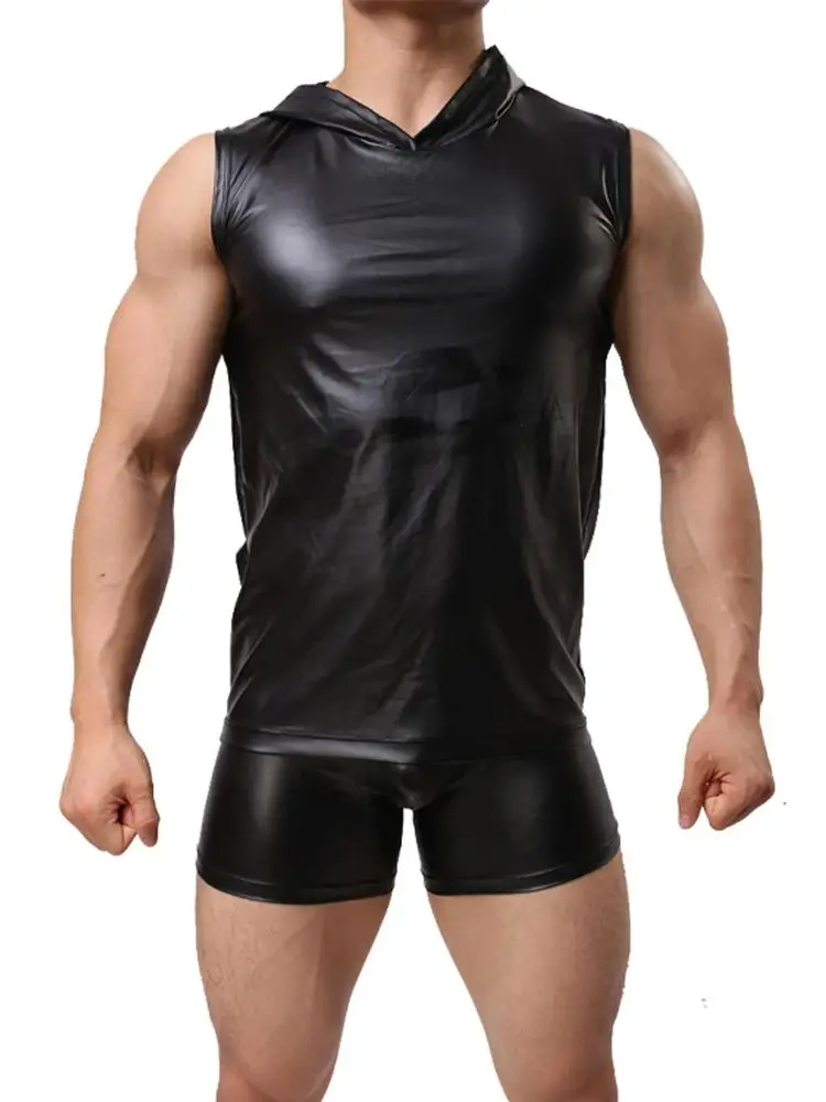 S-XL à capuche fibrFaux PU cuir T Shirt Hommes Gym précieux Top Bodybuilding Fitness Tanktop Sexy Hot Shapers Corps glaTshirt