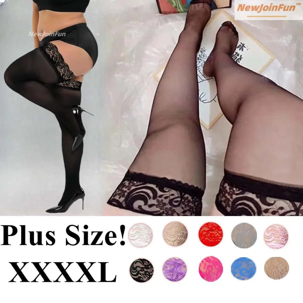 

FREEAUCE Oversized Women Plus Big Size Lace Thin Stockings with Non-slip Knee Thigh High Sheer Sexy Fishnets Black Stocking XXXL