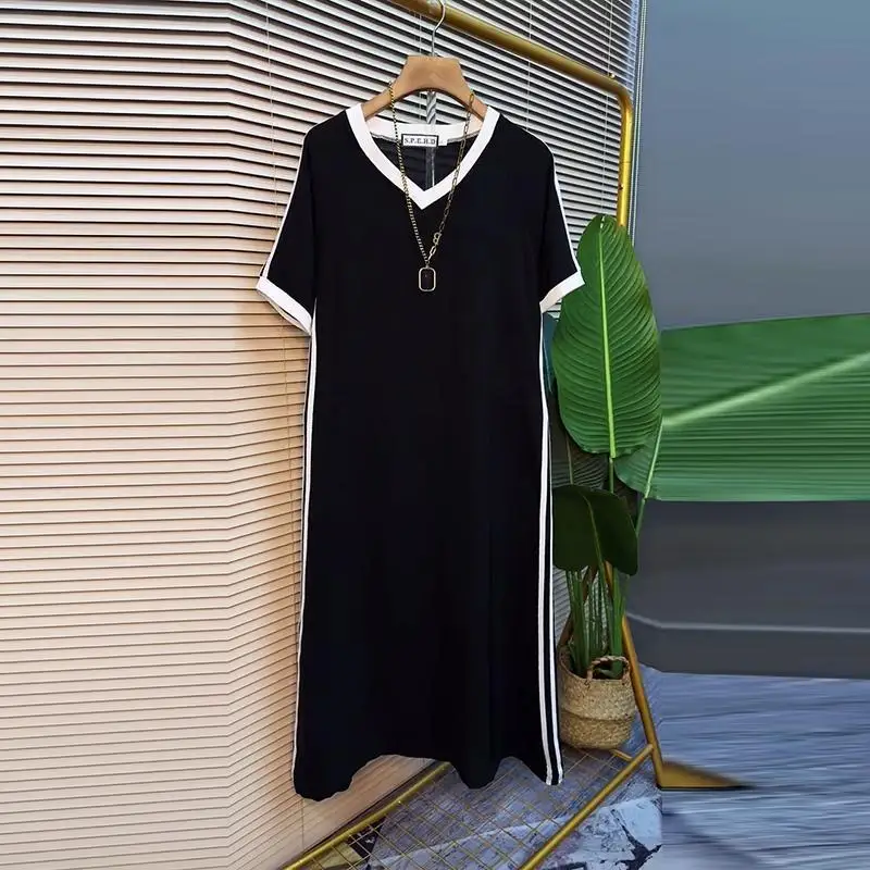 

Striped Patchwork Contrast Street Casual T Shirt Dress Summer Short Sleeve Loose Vintage Midi Dress Fashion Trend Women Clothing