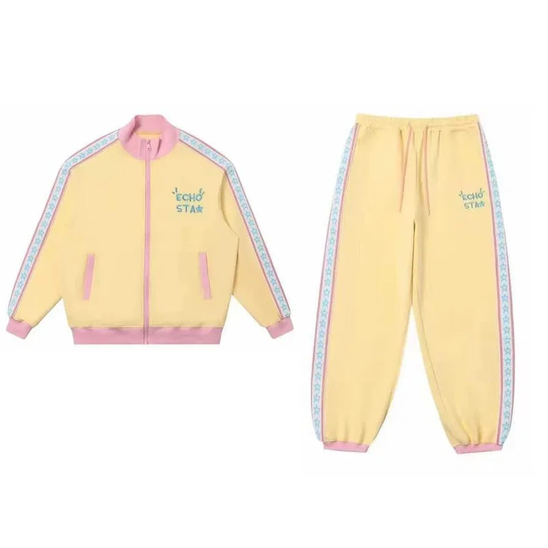 Casual Sportswear Suit Cute Girl Student Star Yellow Loose Fashion Coat+trousers Two-piece Set Tracksuits 2024 Spring Autumn