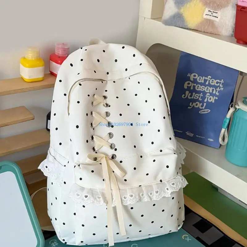 N7YF Campus School Backpack for Students with Dotted Pattern, Ruffle Detail and Easy-Carry Use for School Days