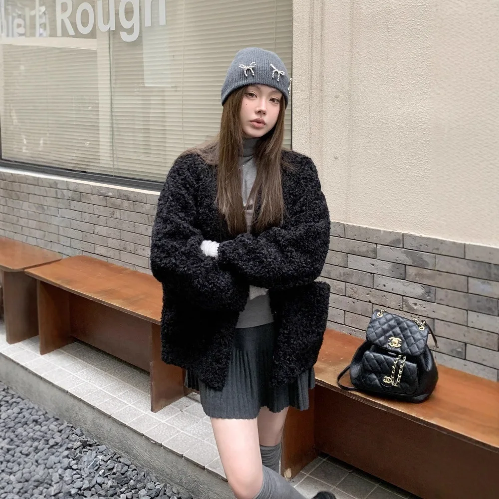 플리스 안감 겨울 여성 밍크 퍼 재킷 싱글 브레스티드 포켓 에코 퍼 코트 여성용 다용도 캐주얼 인조 퍼 코트