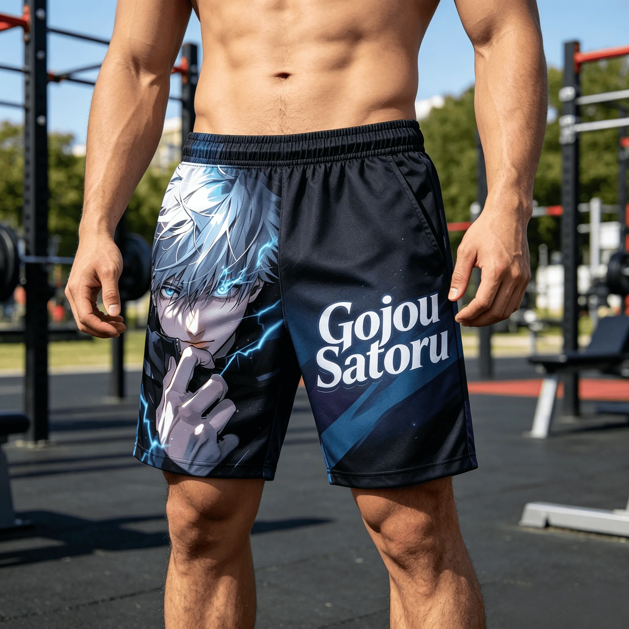 Jujutsu Kaisen Gojo Satoru Men's Shorts, Lightning Anime Print Quick Dry Breathable Beach Board Shorts, Summer Gym Sports Shorts
