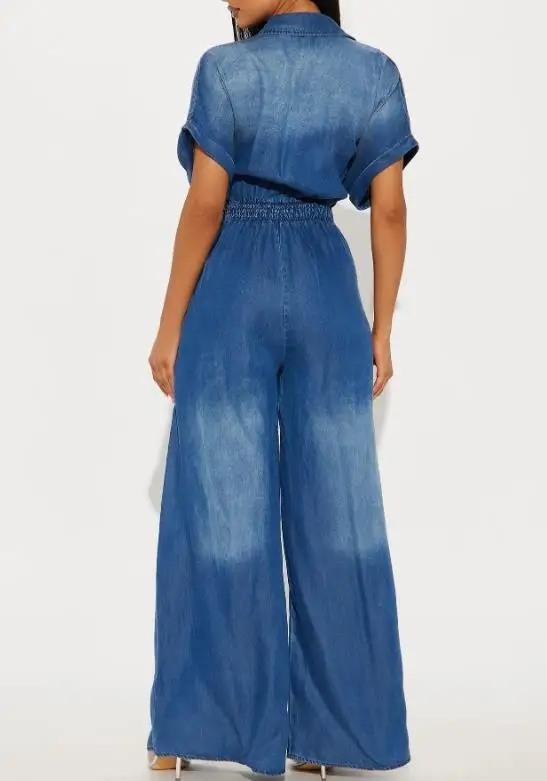 

Summer New Solid Color Collar Button Front Strap Waist High Waist Wide Leg Jumpsuit Women's Casual British Fashion Jumpsuit