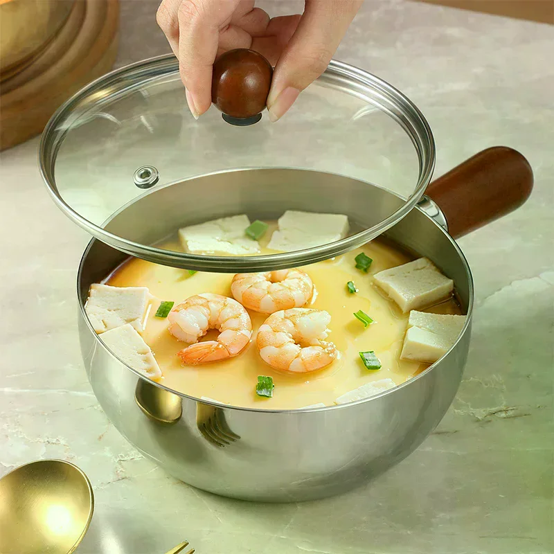 Milk Pot With Wooden Handle, Compact Cooking Pot, Suitable For Frying Eggs And Heating Milk. Made Of Stainless S Stainless Steel