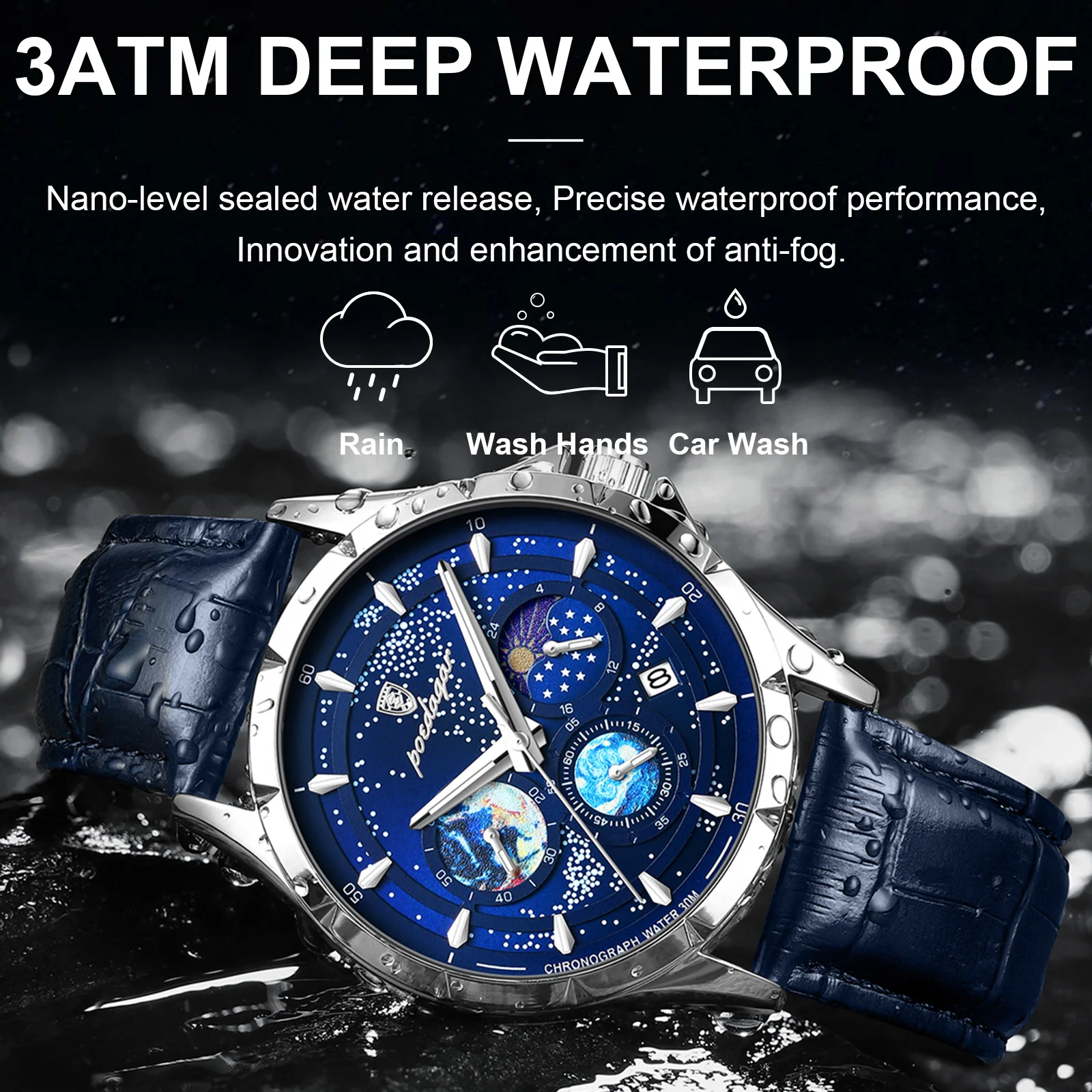 POEDAGAR Luxury Man Wristwatch Business Starry Sky Quartz Men Watch Waterproof Luminous Chronograph Date Men\'s Watches Leather