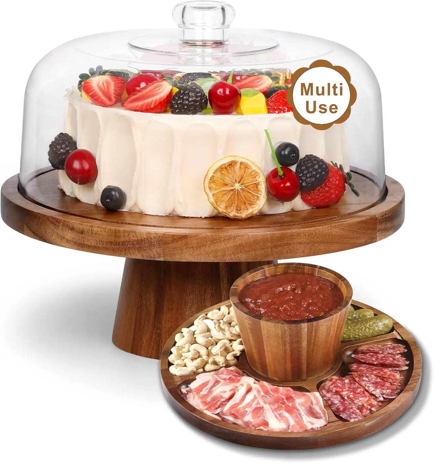 

Acacia Wood Cake Stand with Lid - 12in Round Display Set & Charcuterie Board for Desserts, Cheese, Fruit