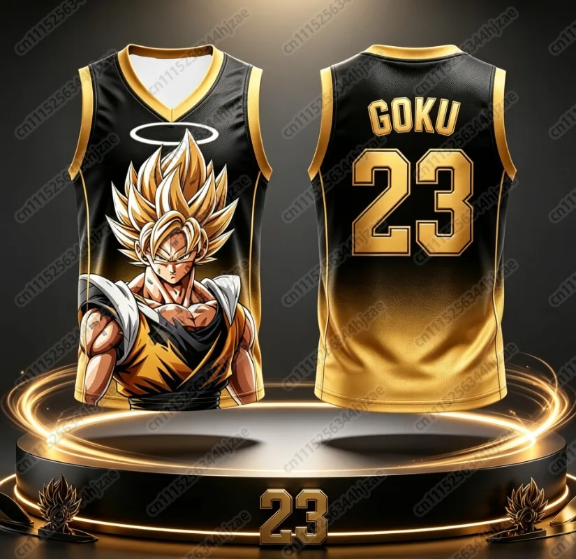 Dragon Ball Goku Super Saiyan No.23 Basketball Jersey Men 3D Print Sports Vest White Gold Gradient Anime Tank Top FamilyMatching