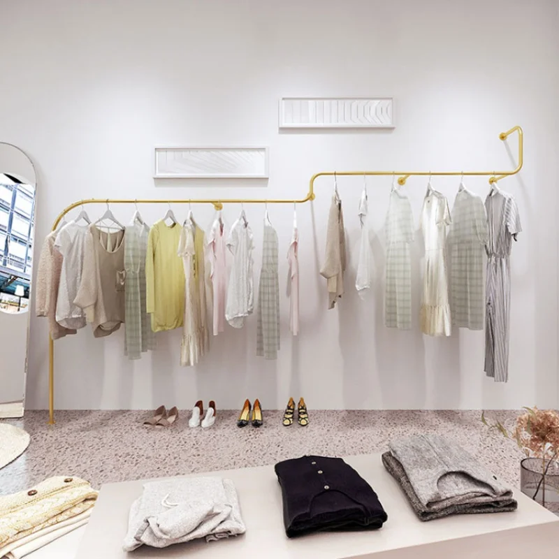 custom，Custom Gold Metal Retail Clothing Display Racks Wall Mounted Hanging Rails for Garment Boutique