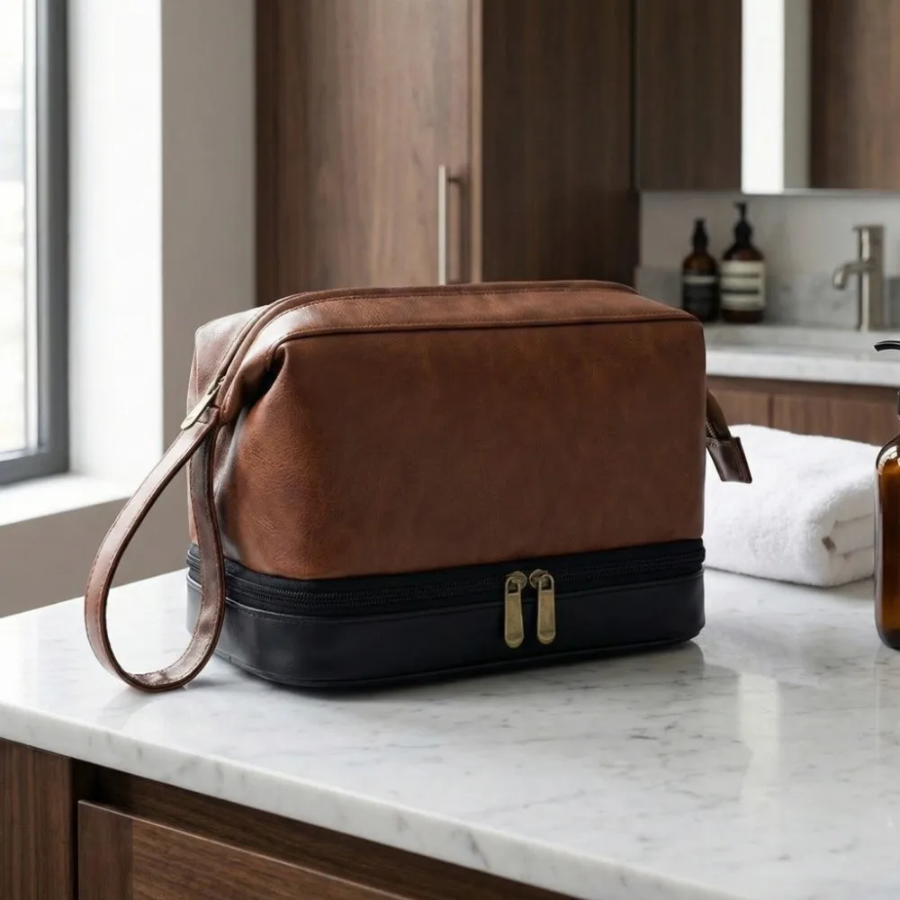 

Large Capacity Men Cosmetic Bag PU Leather Retro Toiletry Bag Dry-wet separation Waterproof Business Makeup Pouch Business