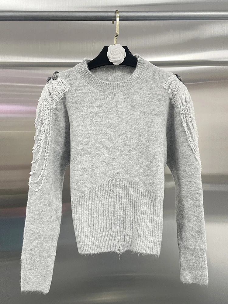 VGH Solid Spliced Pearls Chains Slimming Sweater For Women Round Neck Long Sleeve Slimming Kntting Pullover Sweater Female New