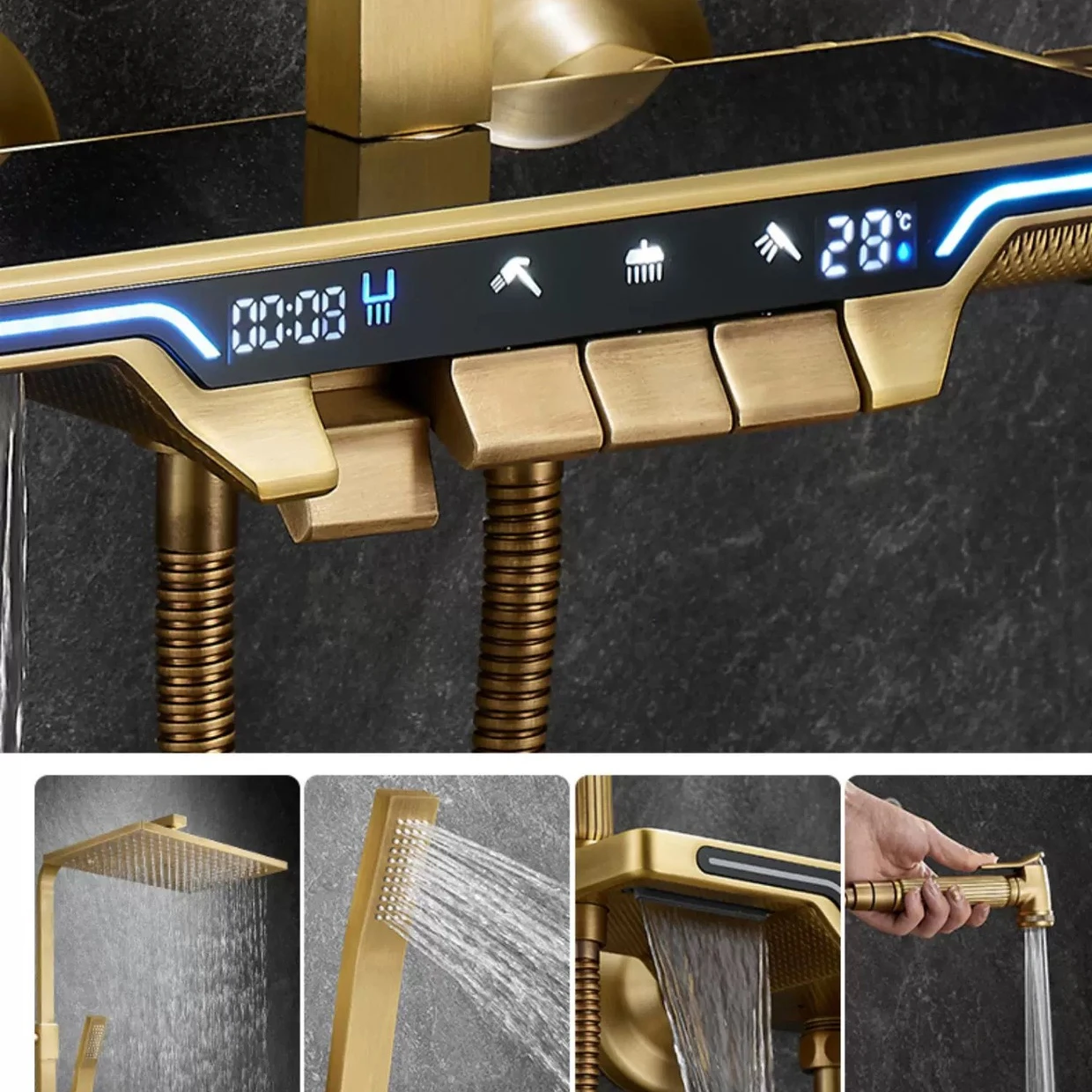 Sistem Shower Termostatik KEMAIDI Set Keran Shower Kamar Mandi Kuningan Antik dengan Layar Digital 4 Fungsi Shower Hujan