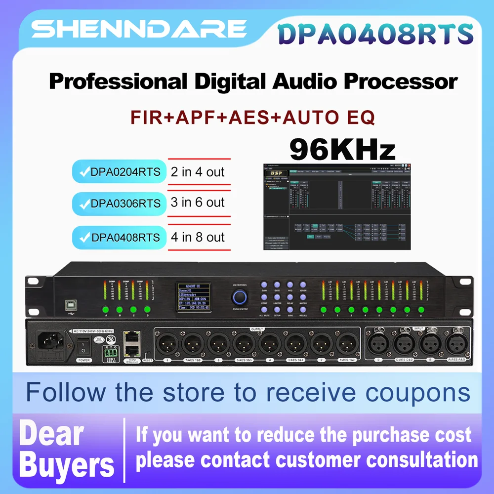 ShennDare DPA0408RTS 4 ingressi 8 uscite processore audio digitale da palco professionale Effetti DSP a 32 bit con ingresso FIR AES Uscita AUTO EQ Prestazioni di effetti Processore a livello di studio